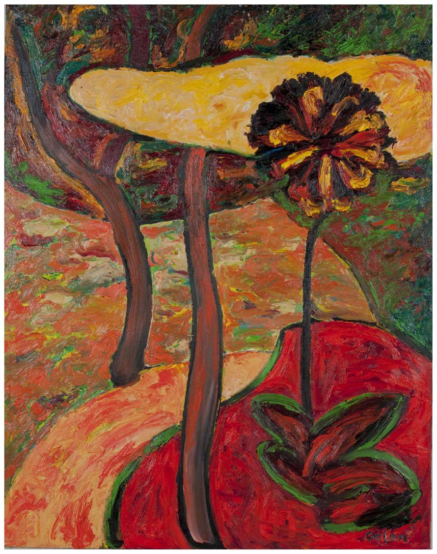 Flor roja y paisaje expresionista, obra de Rafael Calón